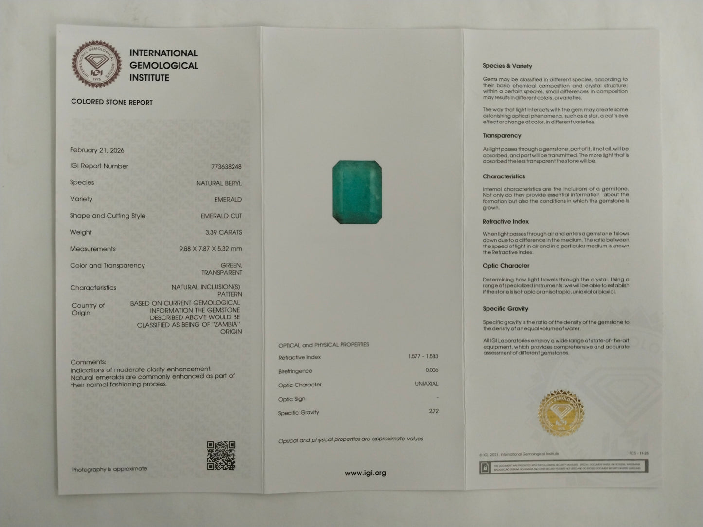 3.39 Natural Beryl Emerald Emerald Cut Gemstone