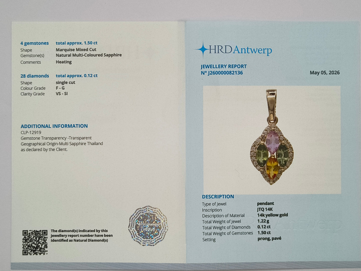 1.04 Ct Marquise Mixed Cut Natural Multi-Coloured Sapphire 14K Gold Pendant