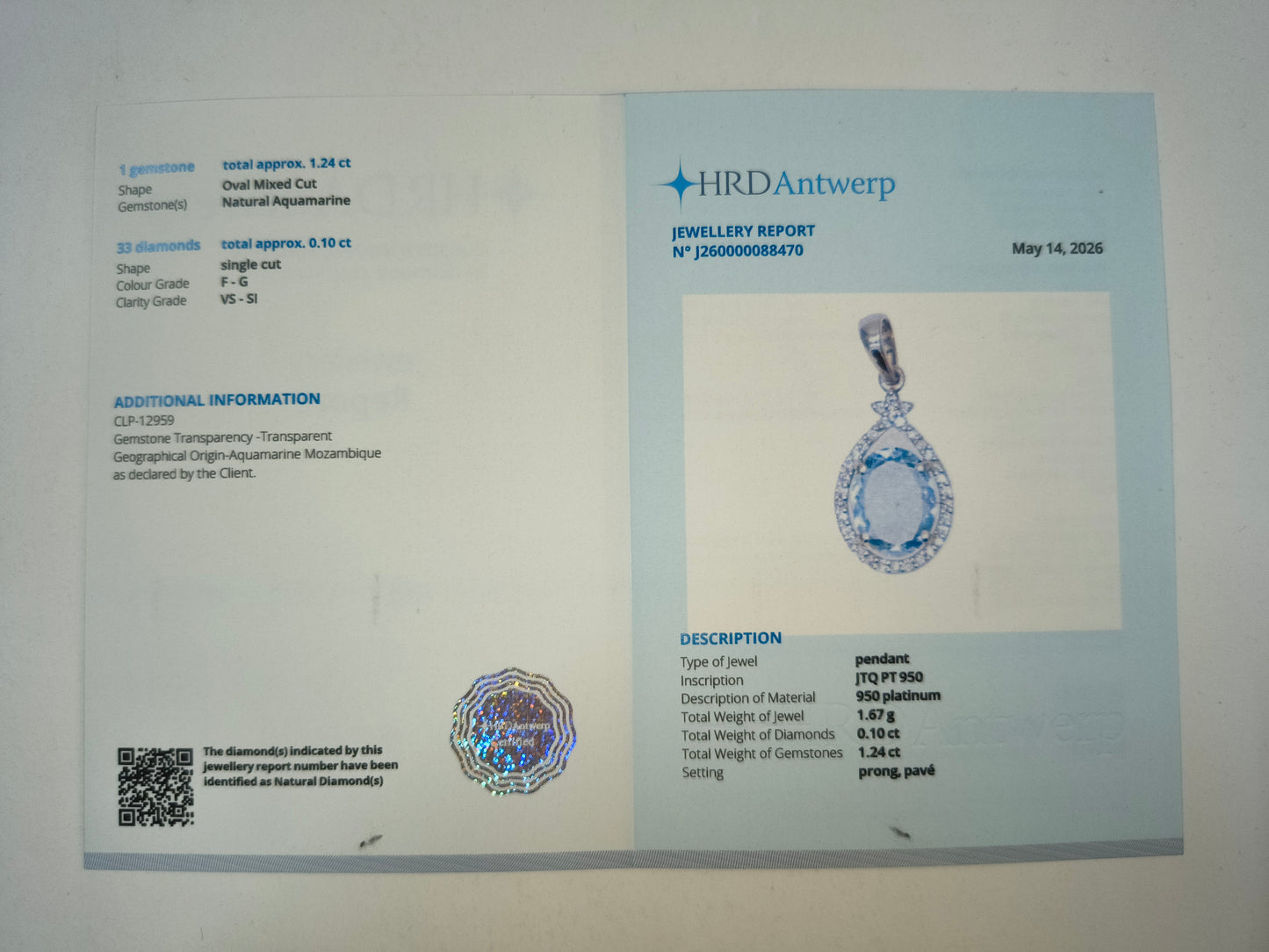 1.40 Ct Oval Mixed Cut Natural Aquamarine 950 Platinum Pendant