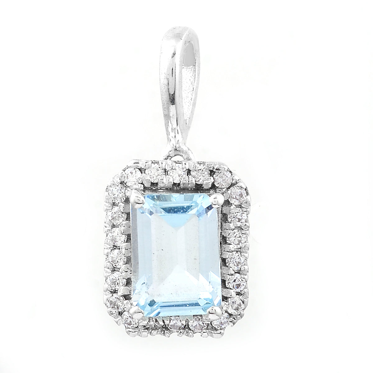 1.25 Ct Octagon Blue Topaz, White Zircon, 925 Sterling Silver Pendant