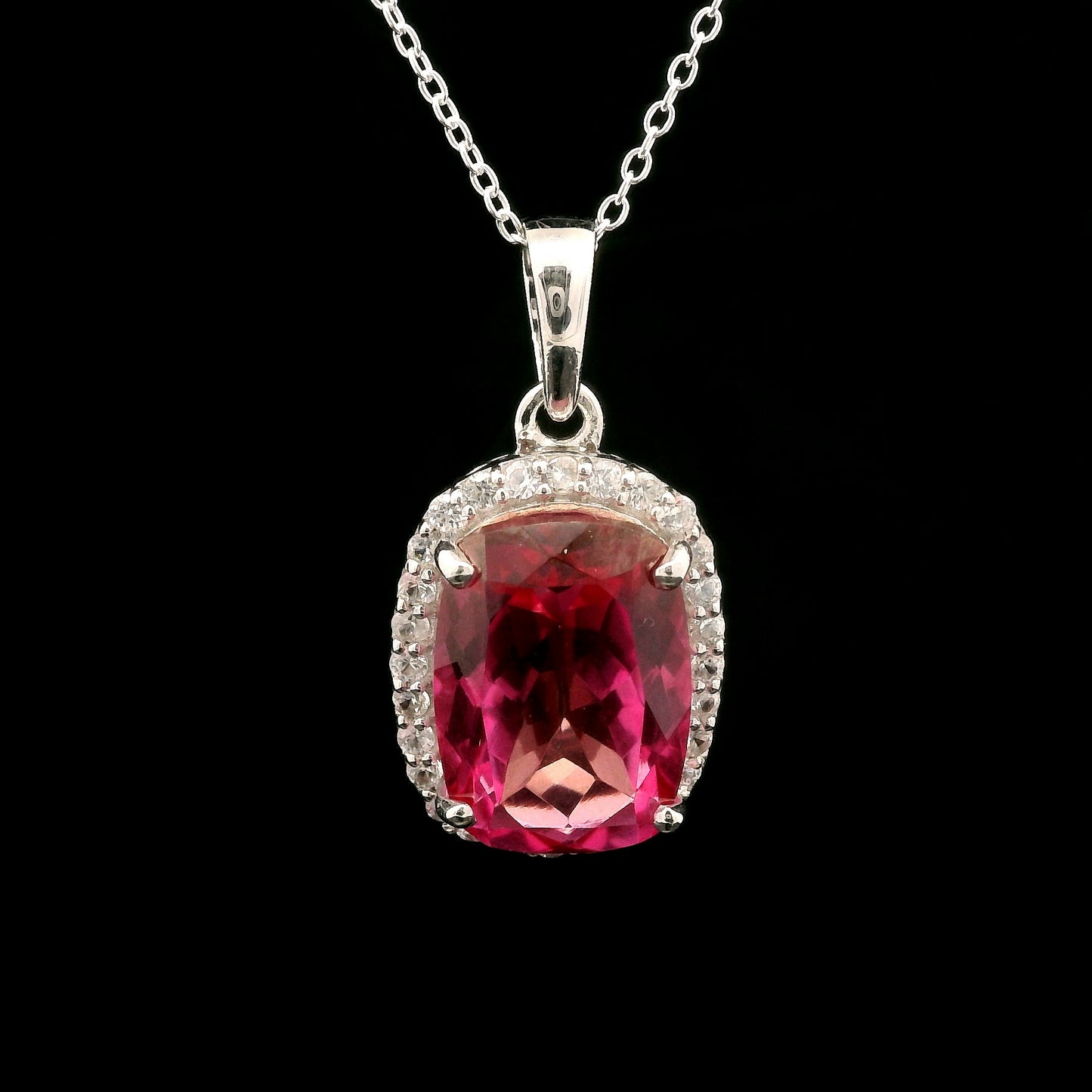 9.58 Ct Cushion Pink Topaz, White Zircon 925 Sterling Silver Pendant