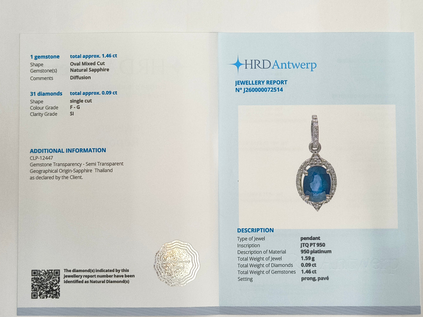 1.55 Ct Oval Mixed Cut Natural Sapphire 950 Platinum Pendant