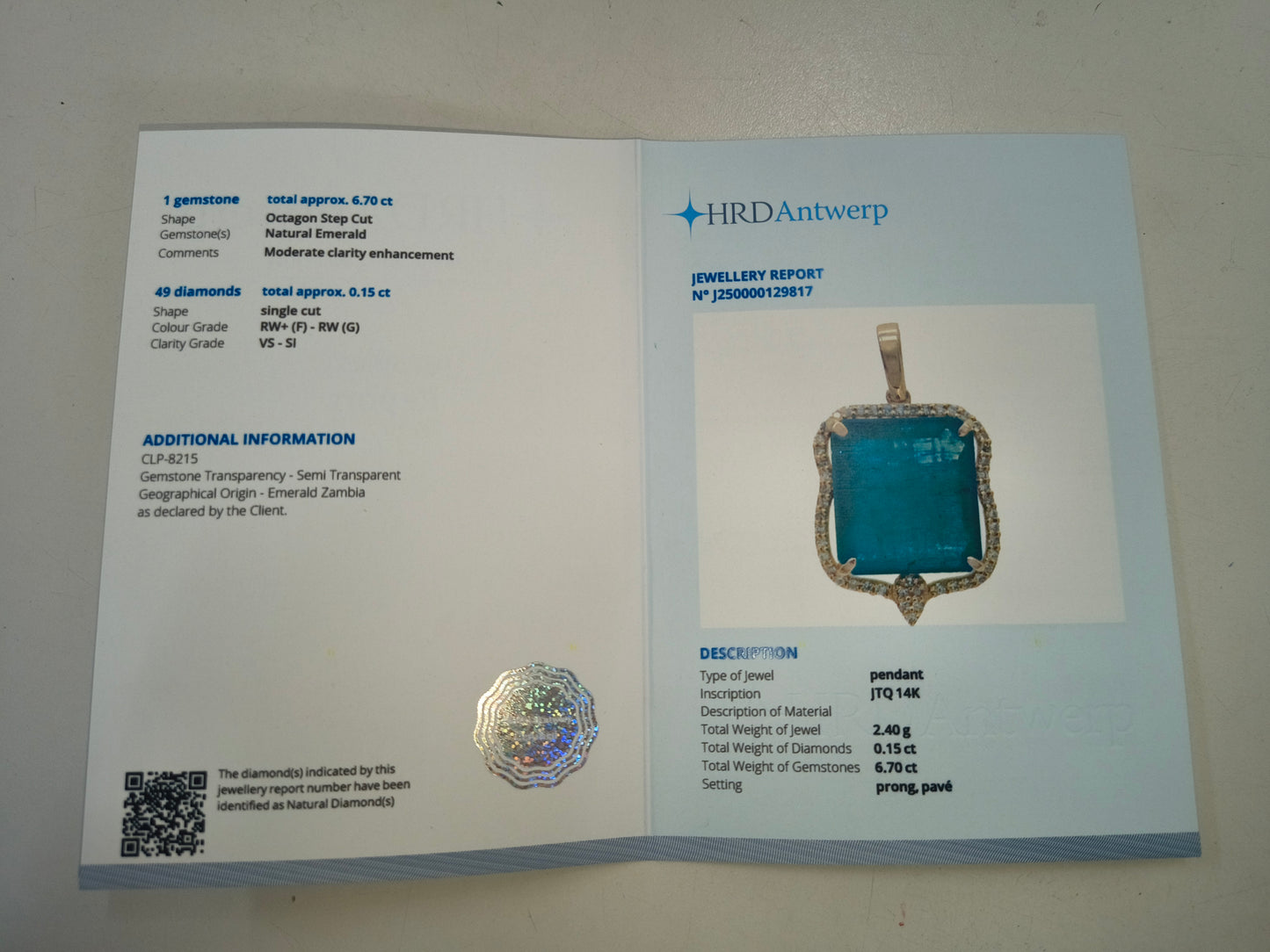 6.85 Ct Octagon Natural Emerald 14K Gold Pendant