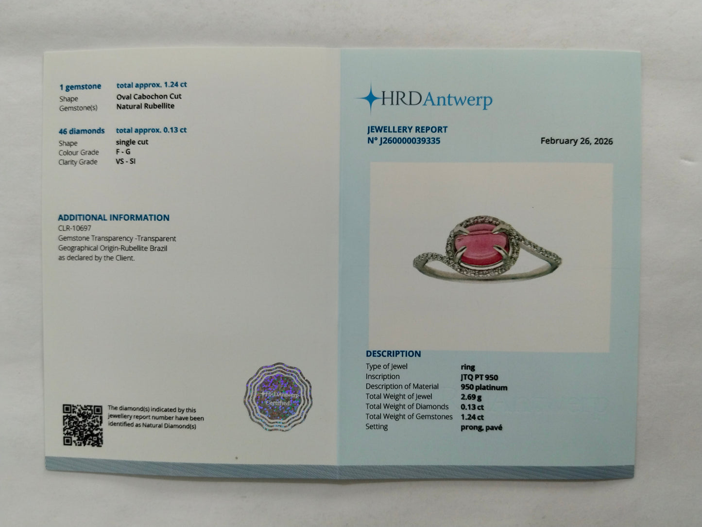 1.37 Ct Oval Cabochon Cut Natural Rubellite 950 Platinum Ring