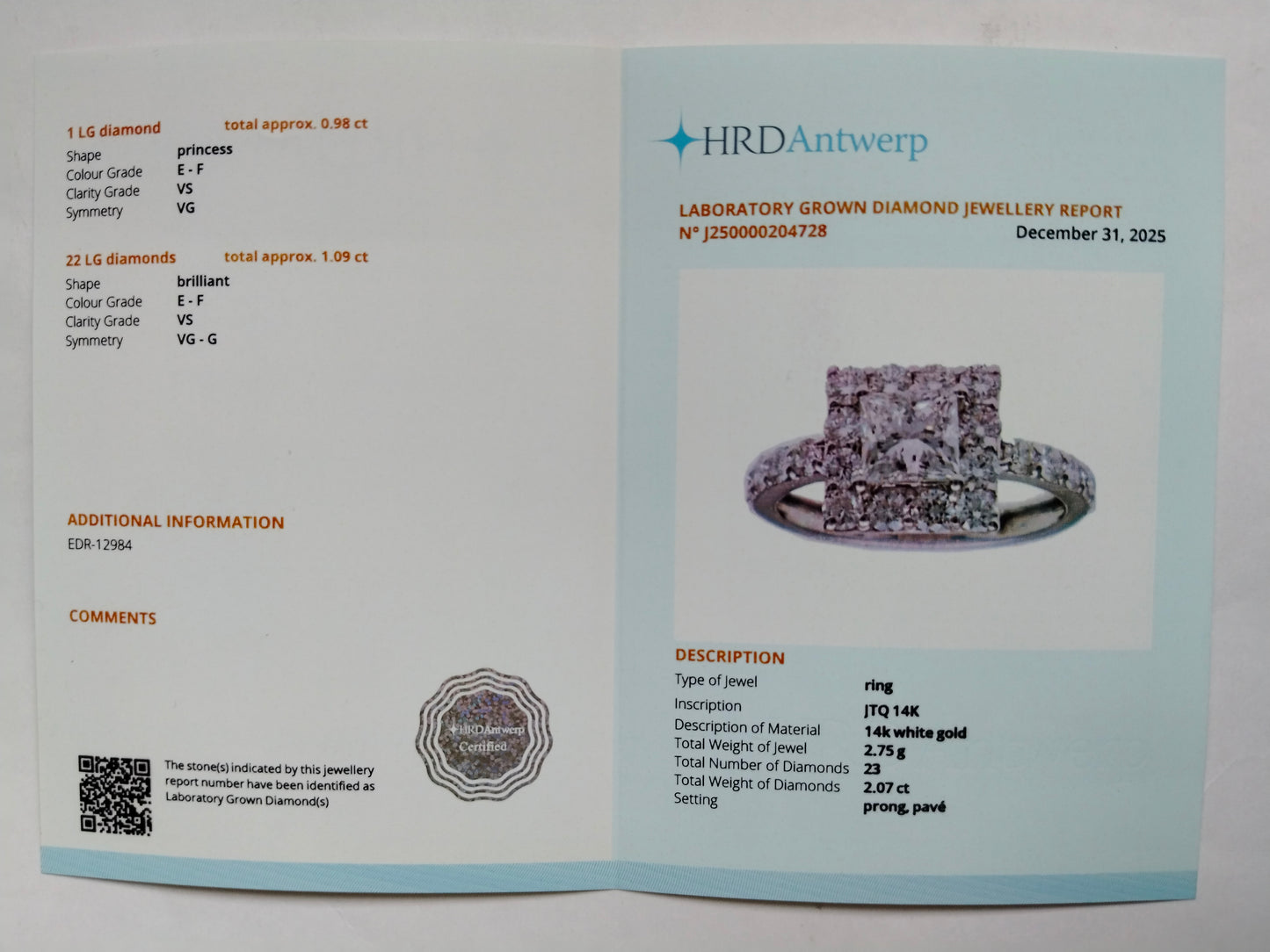 2.07 Carats Lab Grown Diamond 14K Gold Ring