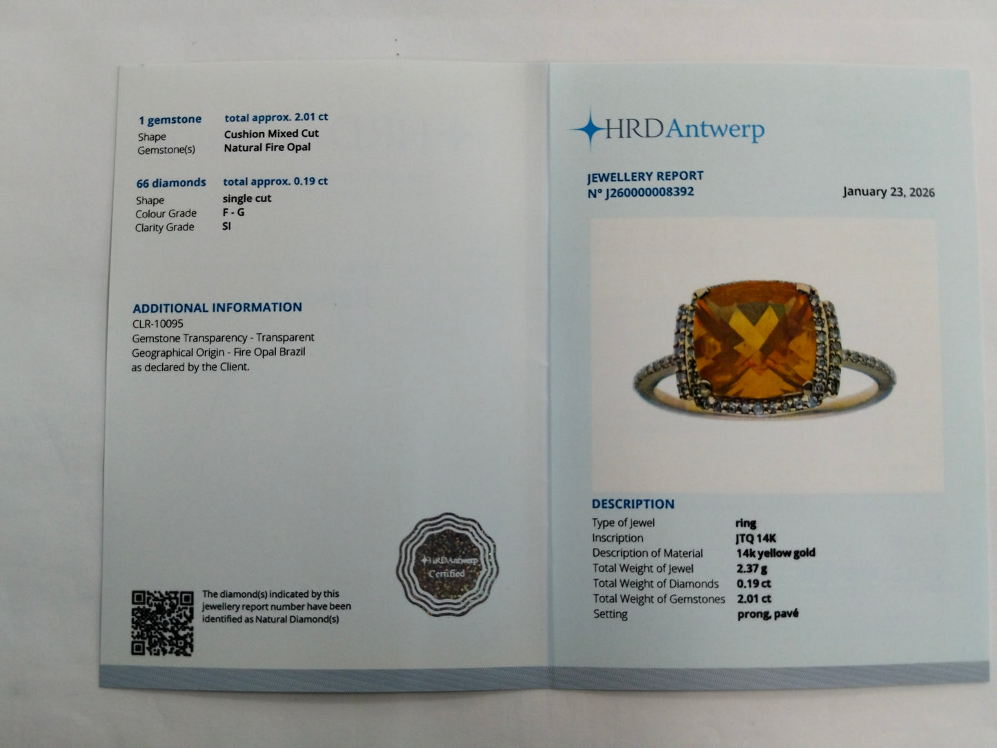 2.20 Ct Cushion Mixed Cut Natural Fire Opal 14K Gold Ring