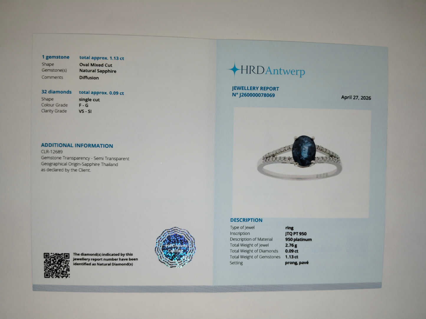 1.22 Ct Oval Mixed Cut Natural Sapphire 950 Platinum Ring