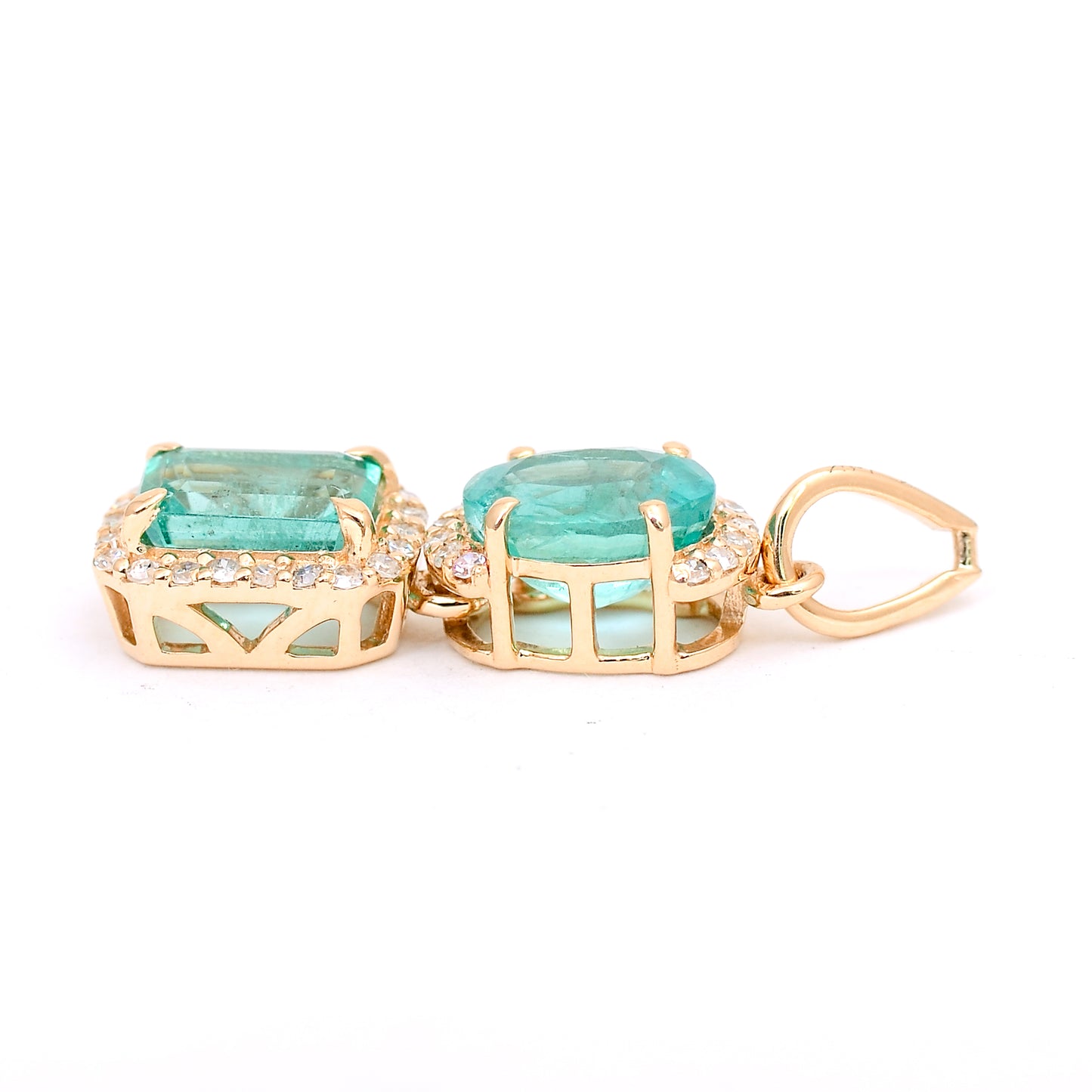 1.46 Ct Octagon Step Cut, Oval Mixed Cut Natural Emerald 14K Gold Pendant