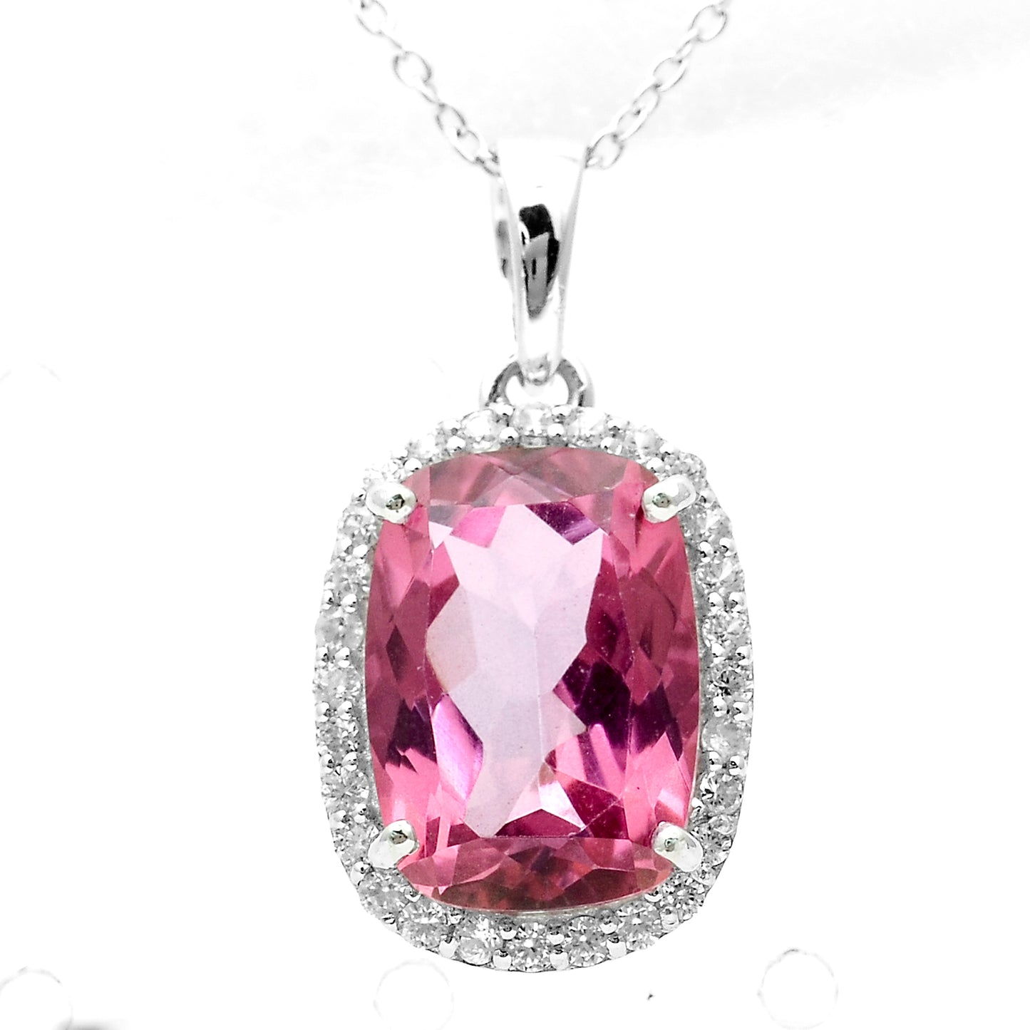 9.58 Ct Cushion Pink Topaz, White Zircon 925 Sterling Silver Pendant