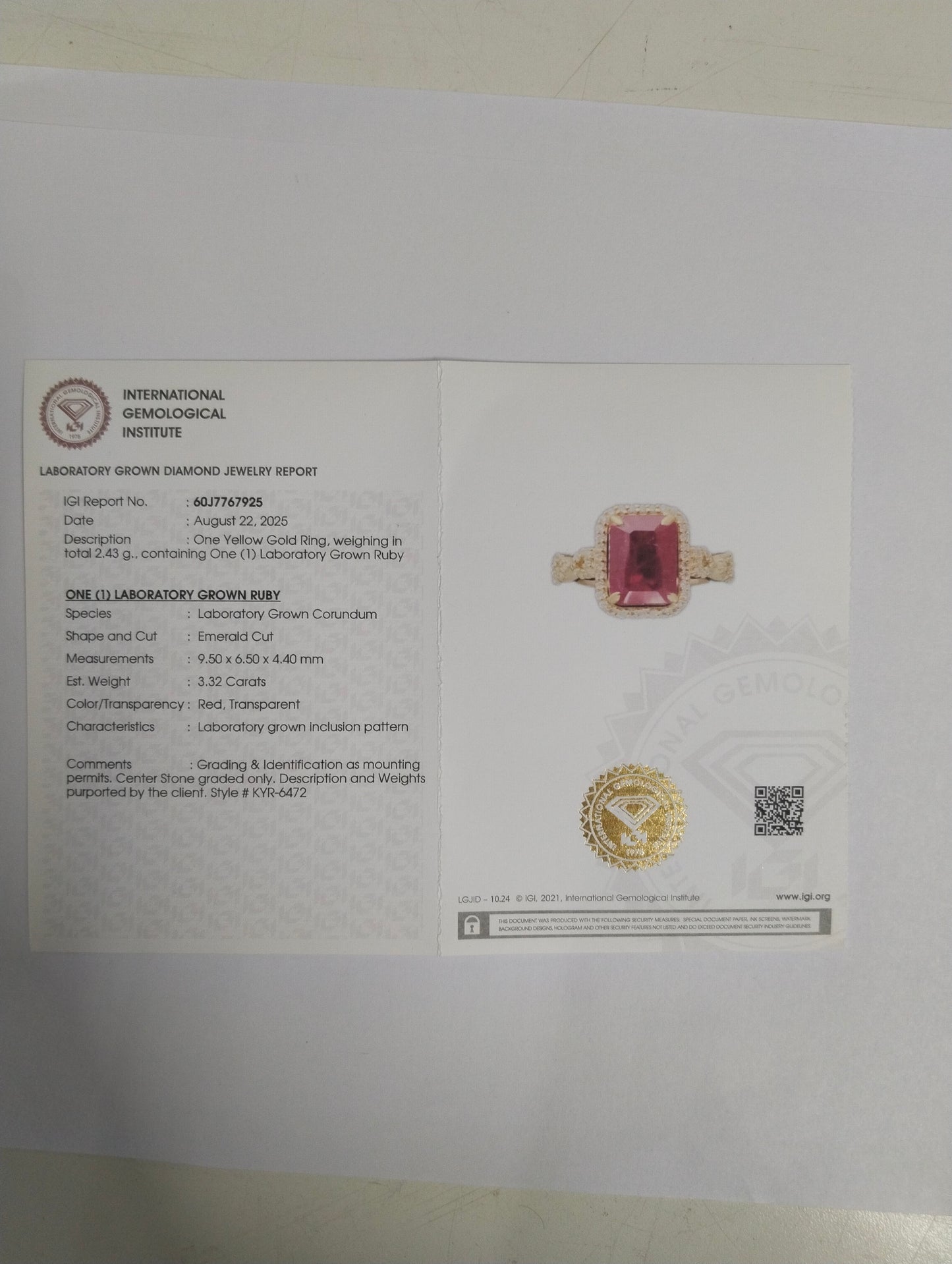 3.54 Ct Emerald Cut Lab Grown Ruby 14K Gold Ring