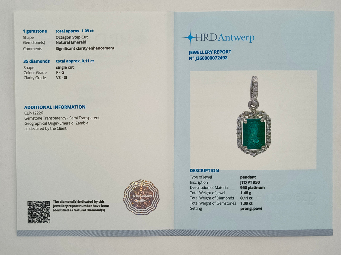 1.20 Ct Octagon Step Cut Natural Emerald 950 Platinum Pendant
