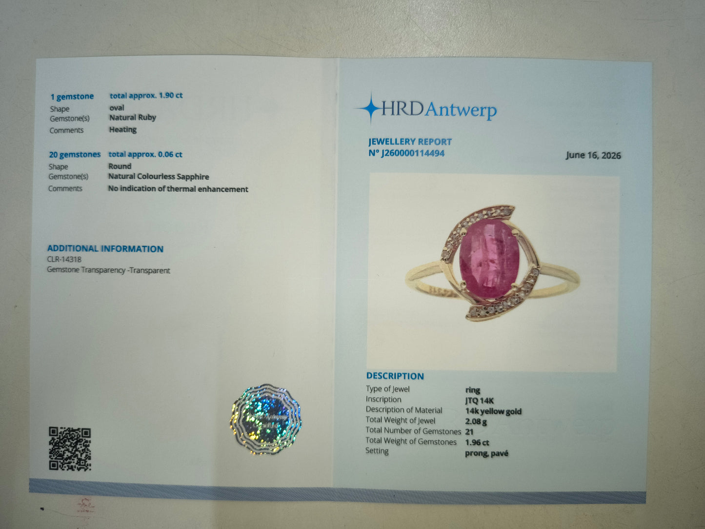 1.96 Ct Oval Natural Ruby 14K Gold Ring