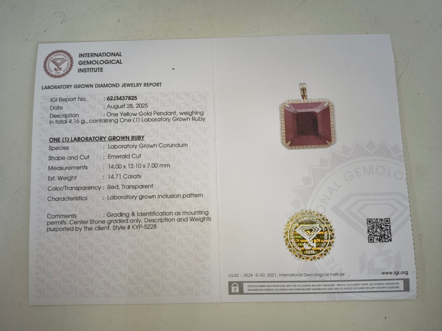 14.88 Ct Emerald Cut Lab Grown Ruby 14K Gold Pendant