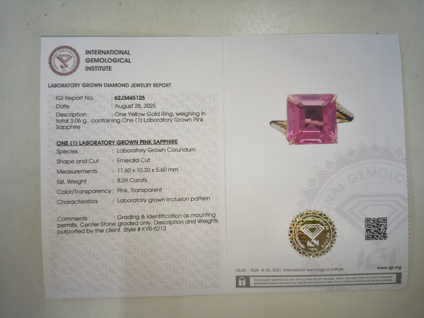 8.33 Ct Emerald Cut Lab Grown Pink Sapphire 14K Gold Ring