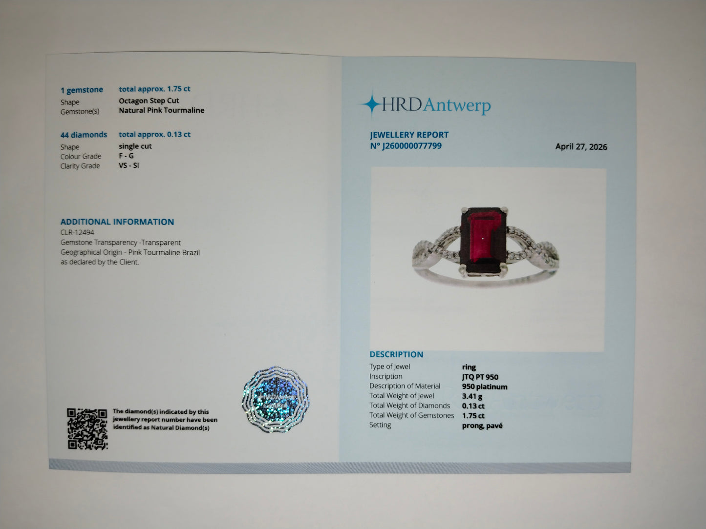 1.88 Ct Octagon Step Cut Natural Pink Tourmaline 950 Platinum Ring