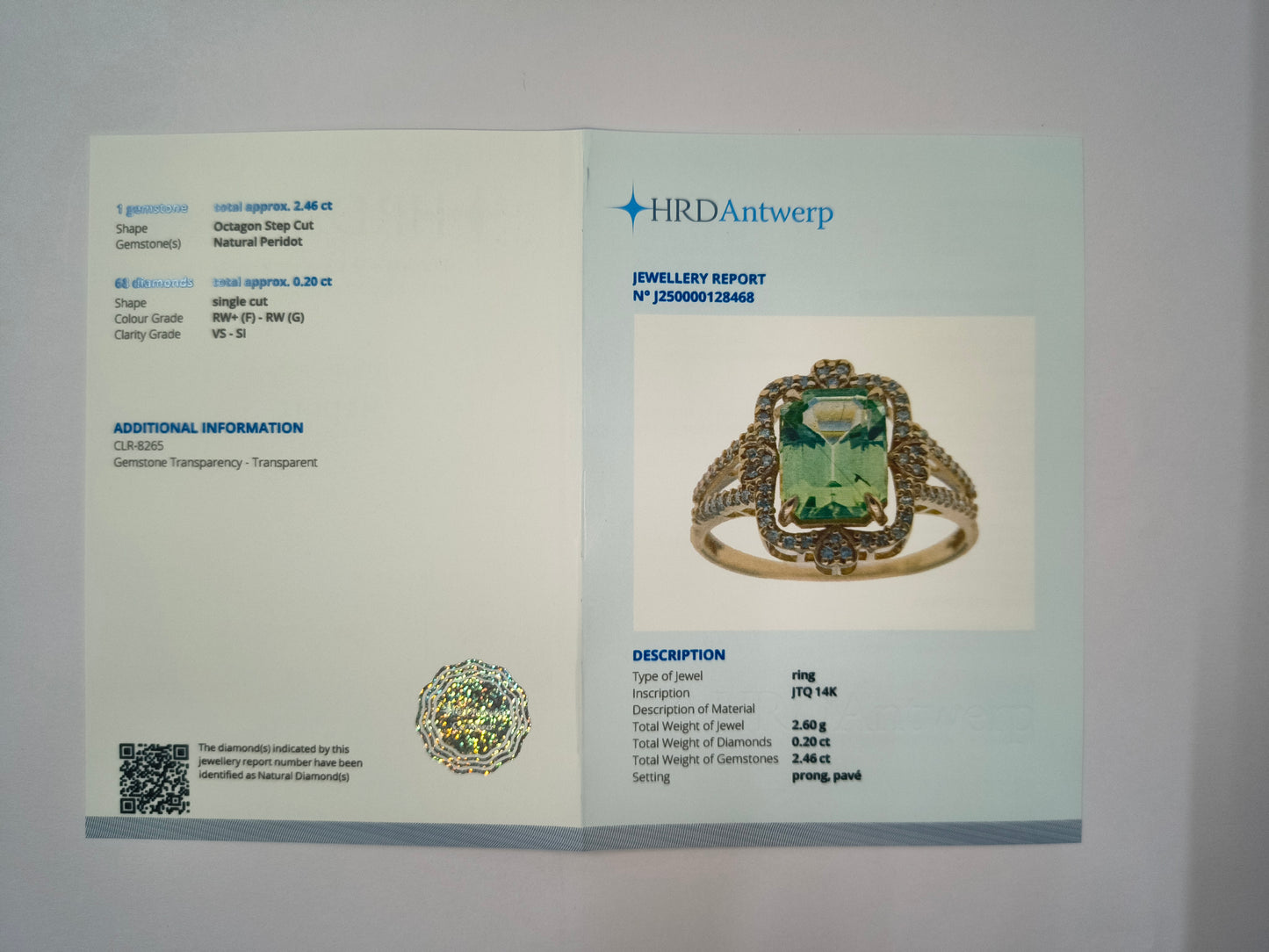 2.66 Ct Octagon Natural Eridot 14K Gold Ring