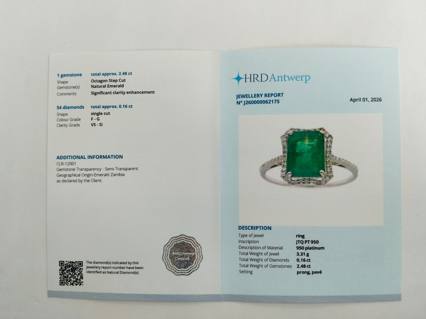 2.64 Ct Octagon Step Cut Natural Emerald 950 Platinum Ring