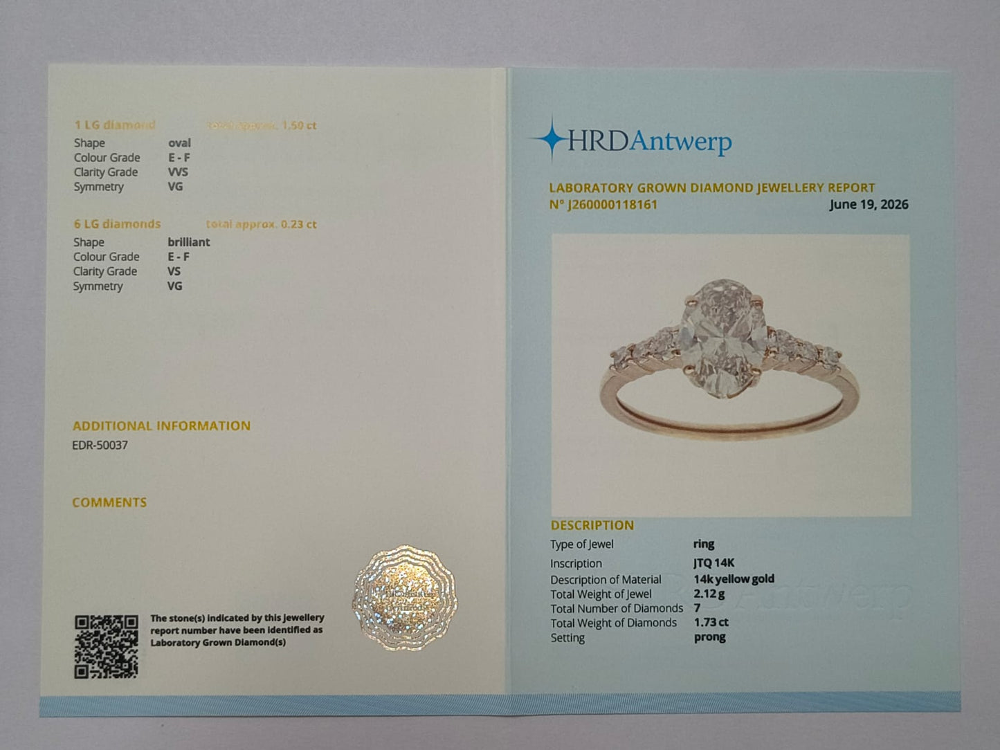 1.73 Ct Oval Lab Grown Diamond 14K Gold Ring