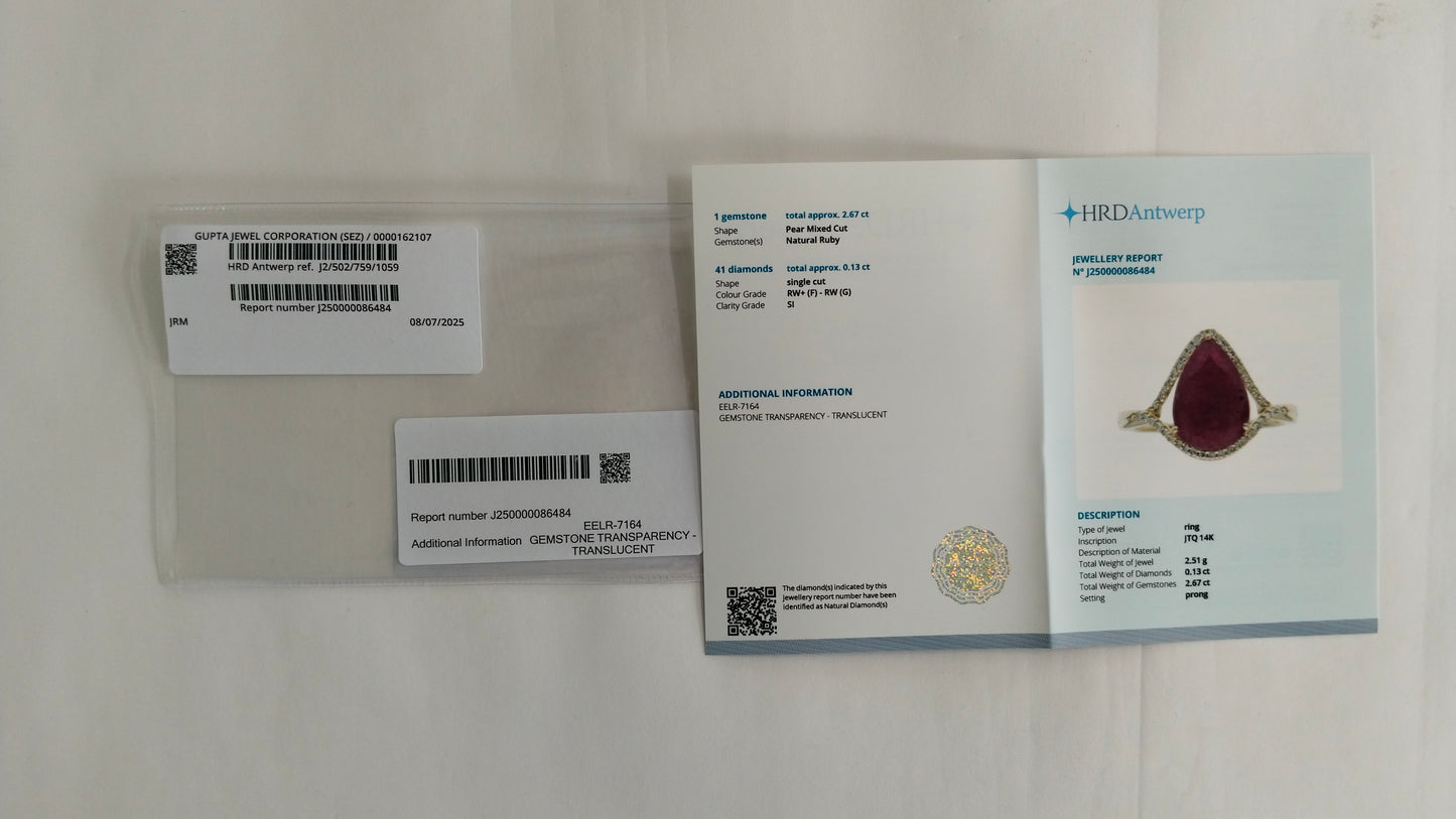 2.80 Ct Pear Mixed Cut Natural Ruby 14K Gold Ring