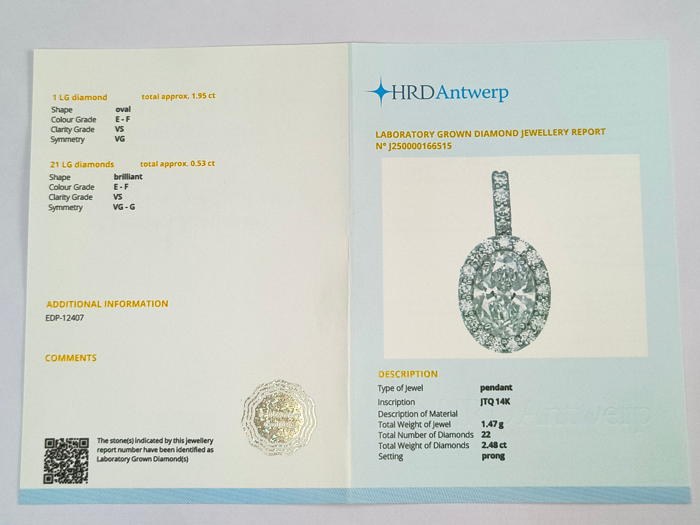 2.48 Carats Lab Grown Diamond 14K Gold Pendant