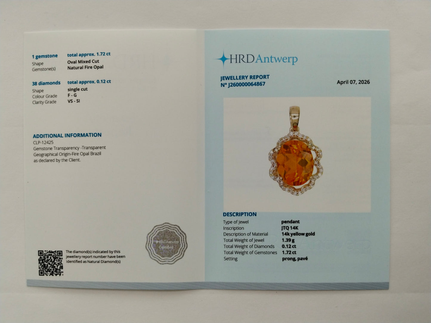 1.84 Ct Oval Mixed Cut Natural Fire Opal 14K Gold Pendant