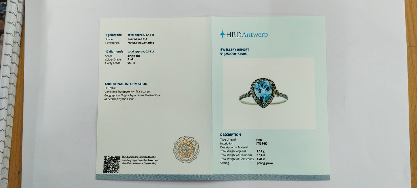 1.55 Ct Pear Mixed Cut Natural Aquamarine 14K Gold Ring