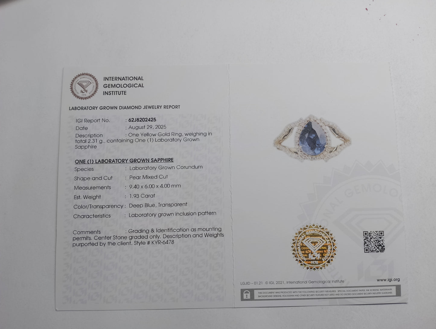 2.15 Ct Pear Mixed Cut Lab Grown Sapphire 14K Gold Ring