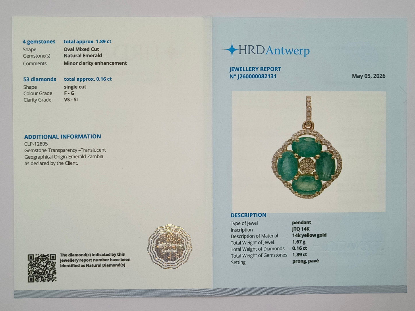 2.05 Ct Oval Mixed Cut Natural Emerald 14K Gold Pendant