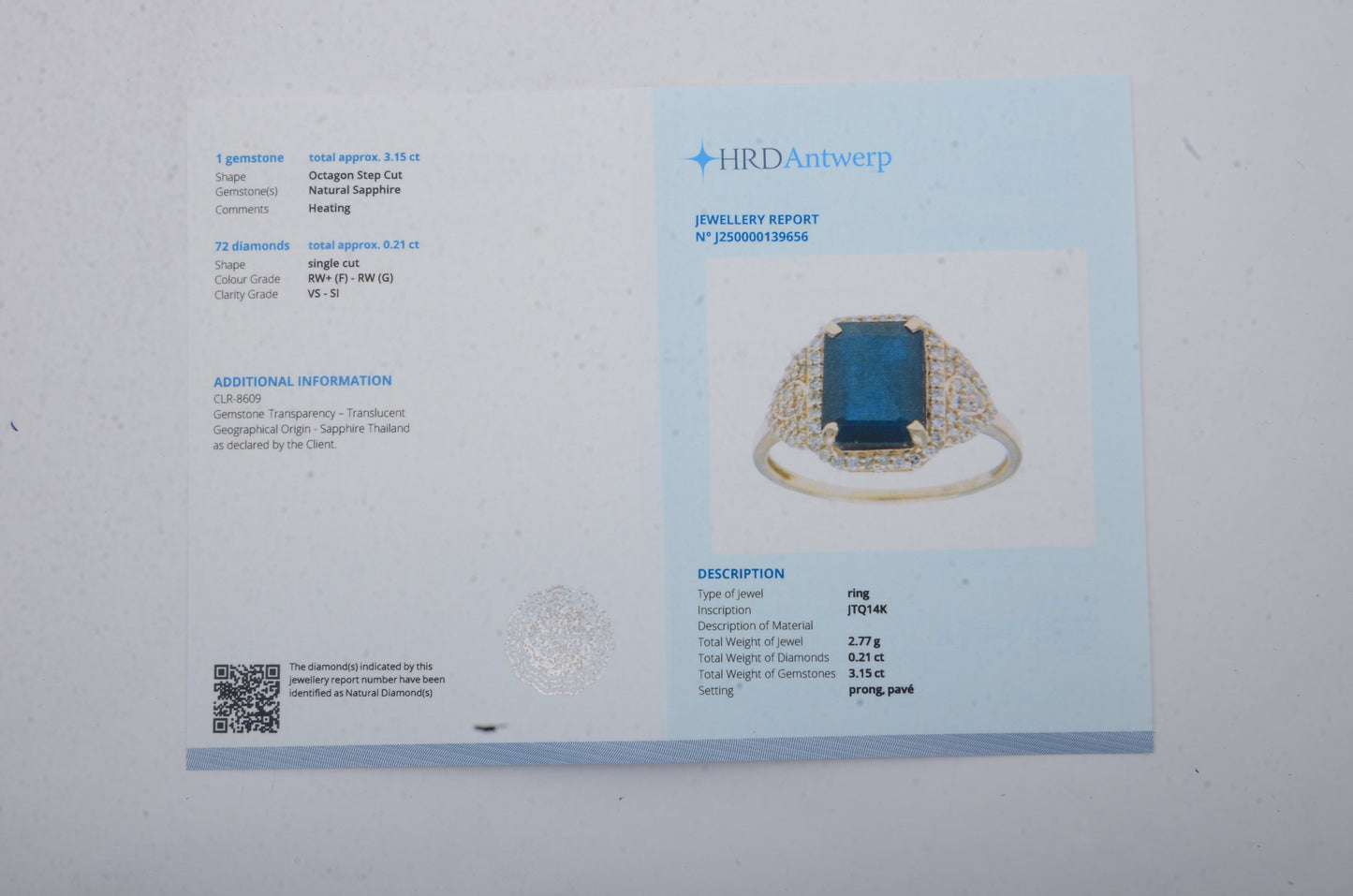 3.36 Ct Octagon Step Cut Natural Sapphire 14K Gold Ring