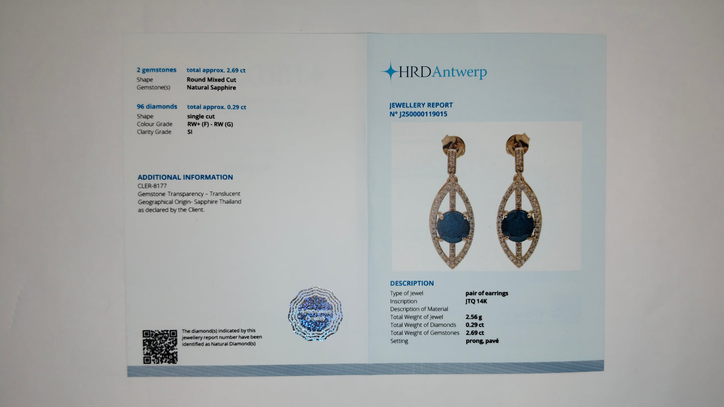 2.98 Ct Round Mixed Cut Natural Sapphire 14K Gold Earrings