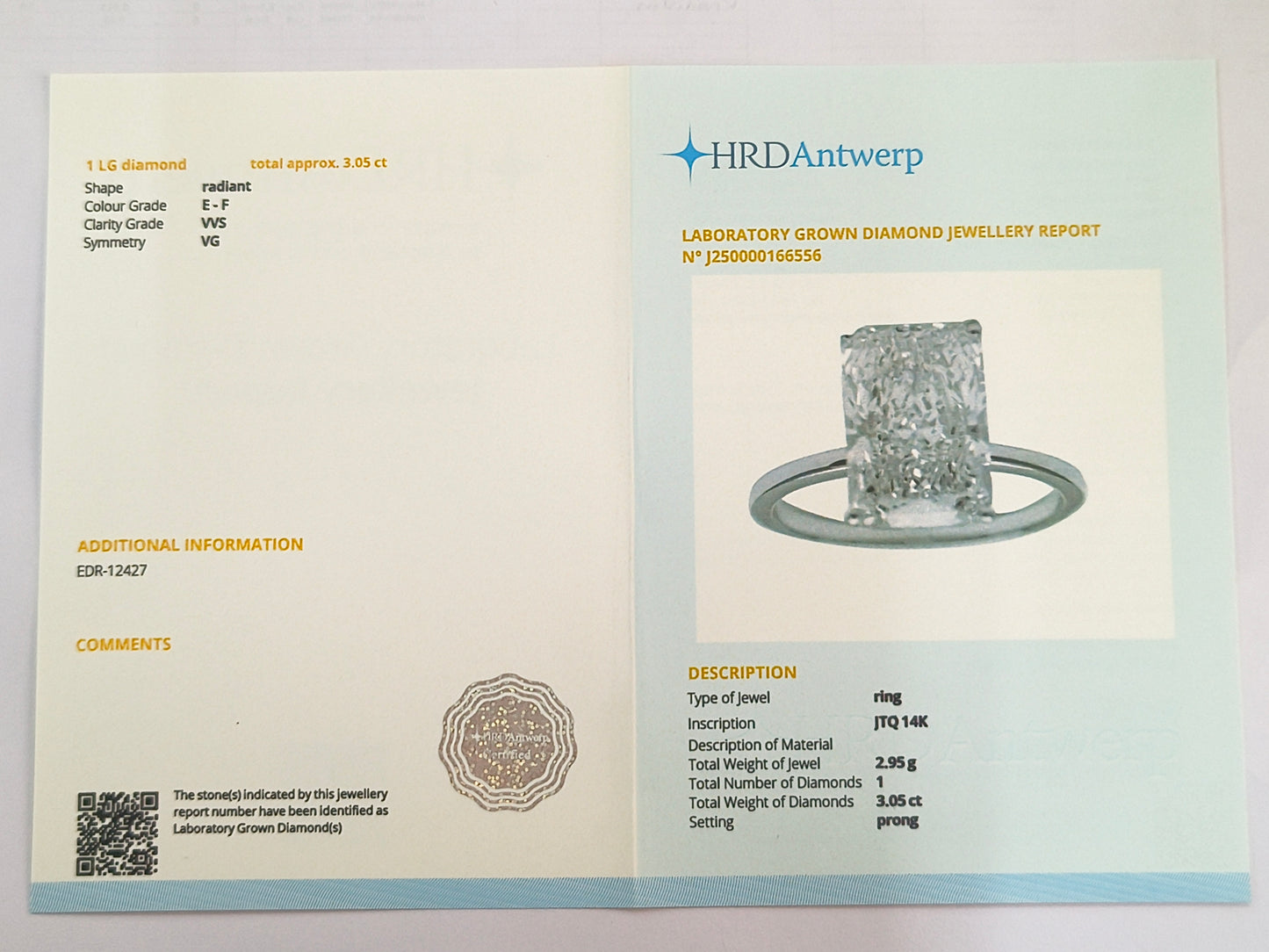 3.05 Carats Lab Grown Diamond 14K Gold Ring