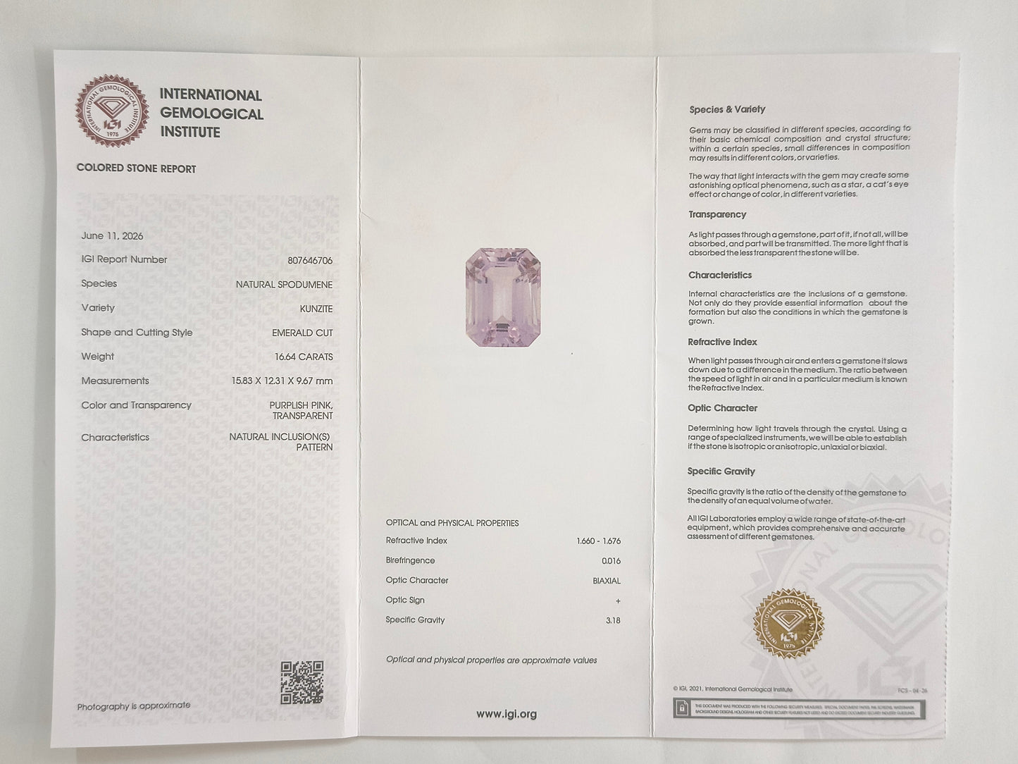 16.61 Natural Spodumene Kunzite Emerald Cut Gemstone