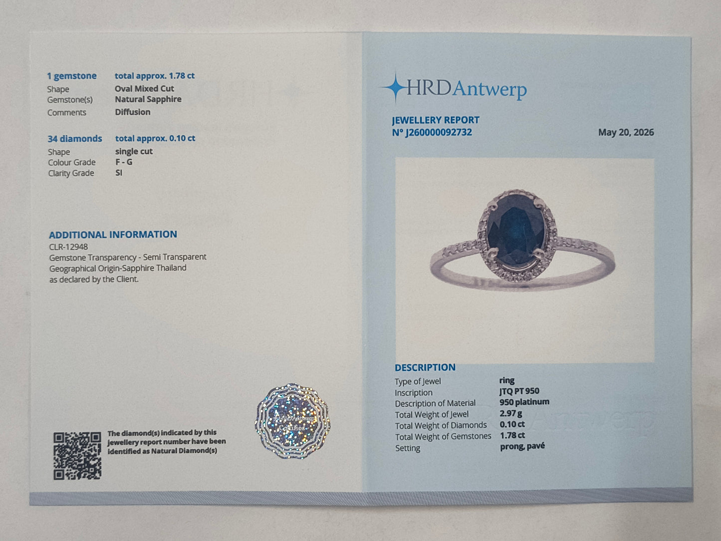 1.88 Ct Oval Sapphire 950 Platinum Ring