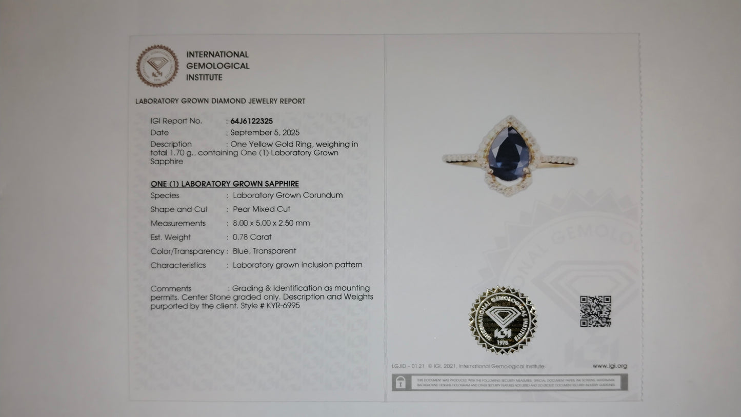 0.89 Ct Pear Mixed Cut Lab Grown Sapphire 14K Gold Ring