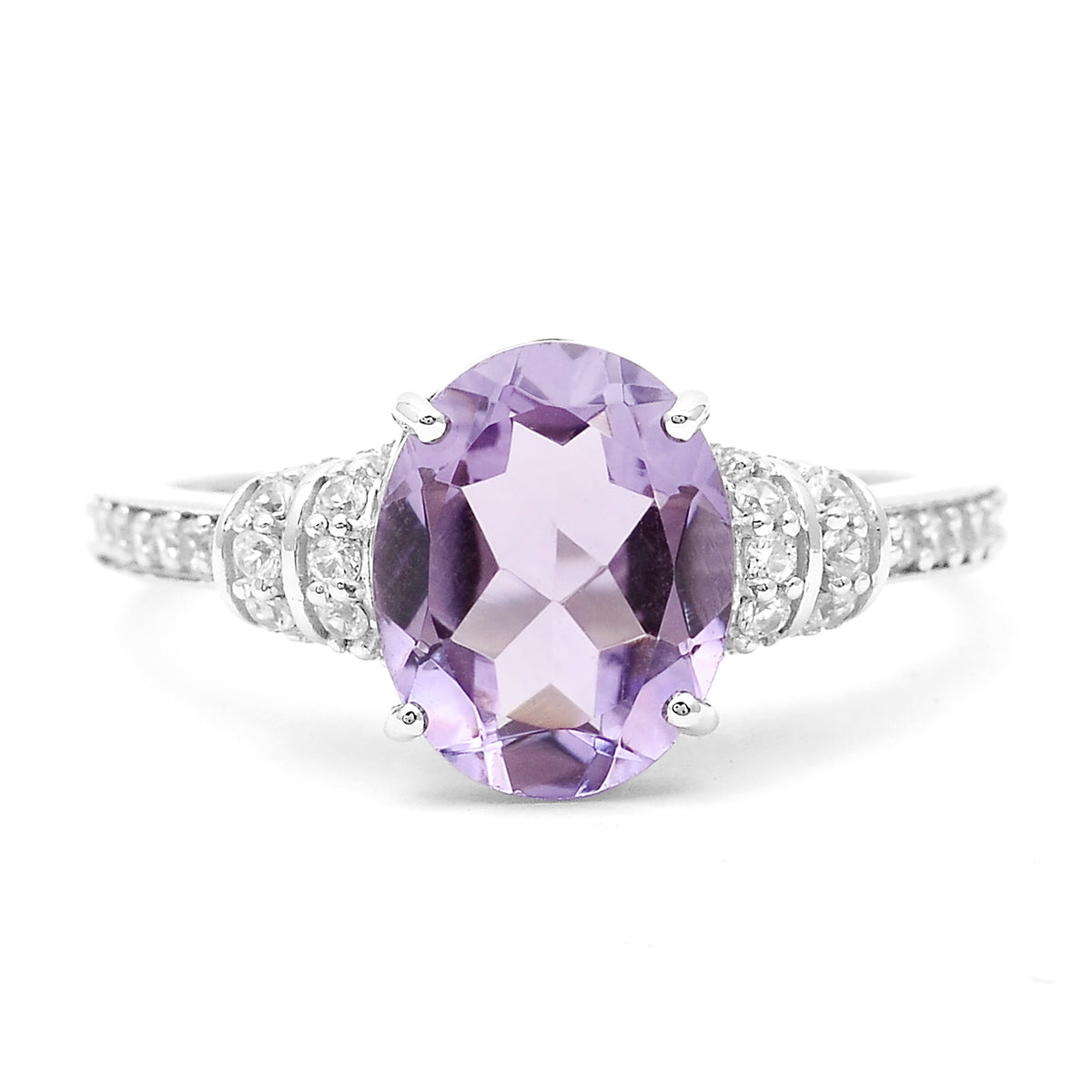 2.60 Ct Oval Amethyst, White Zircon 925 Sterling Silver Ring