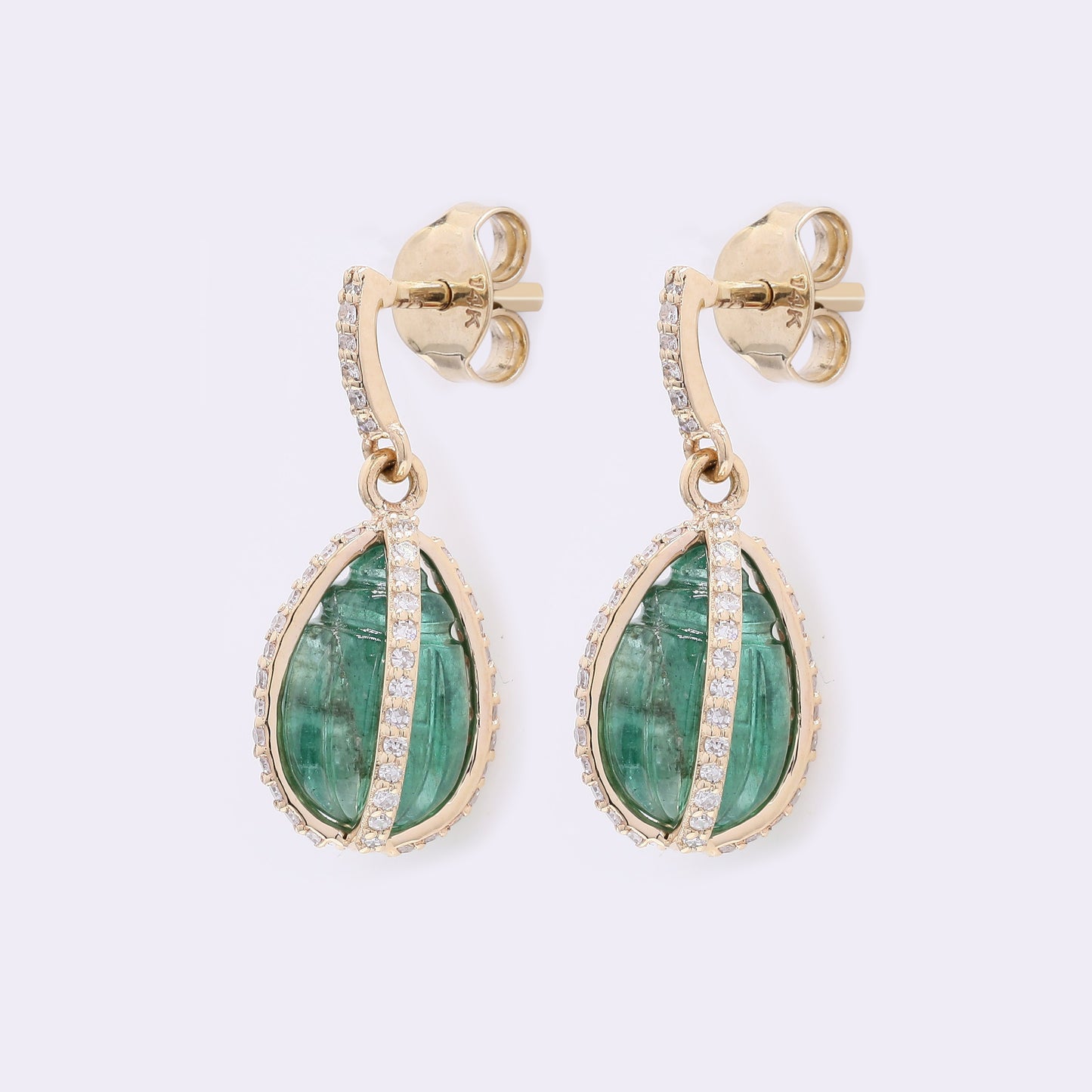 5.44 Ct Drop Carving Natural Emerald 14K Gold Earrings