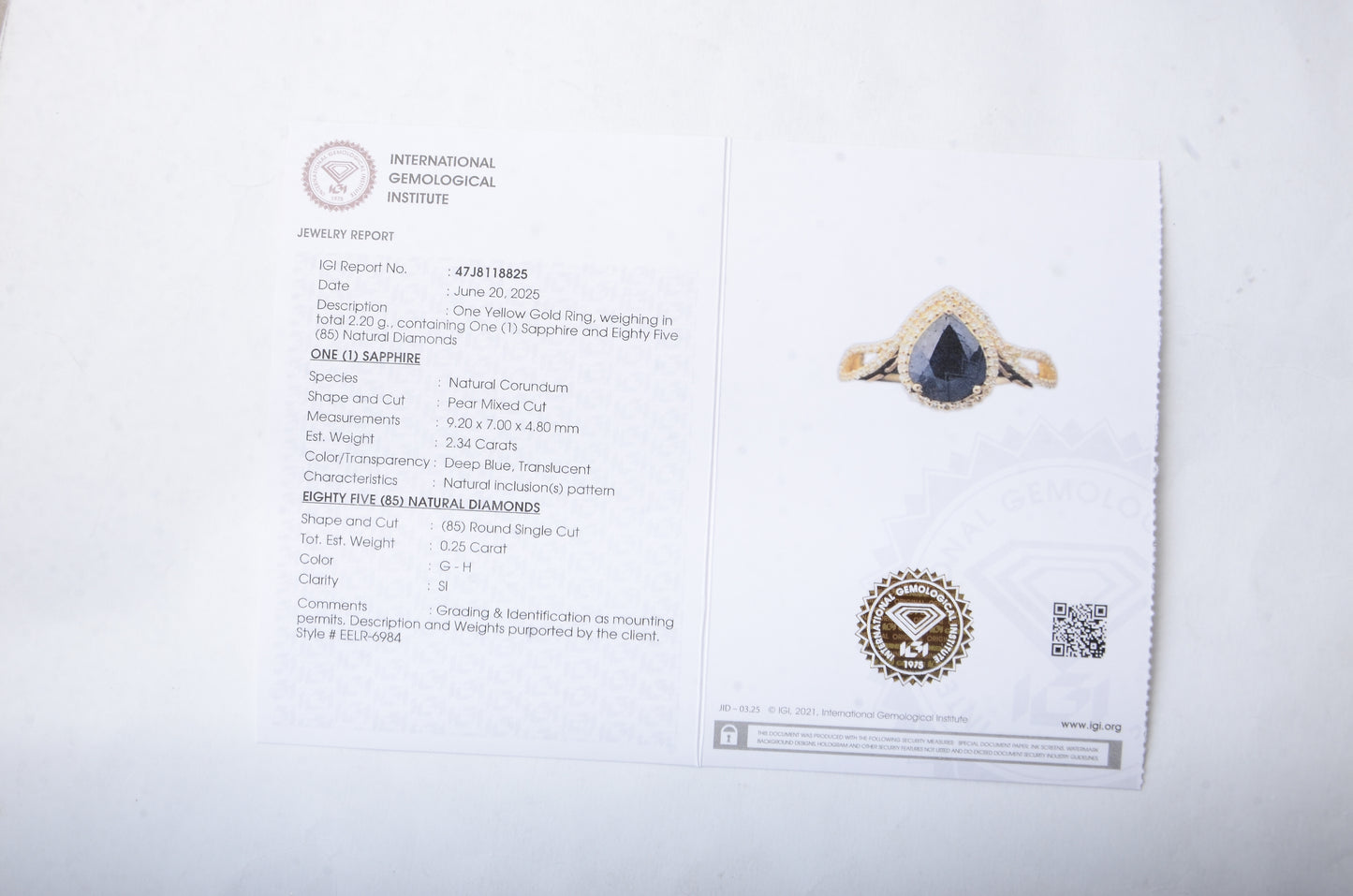 2.59 Ct Pear Mixed Cut Natural Corundum Sapphire 14K Gold Ring