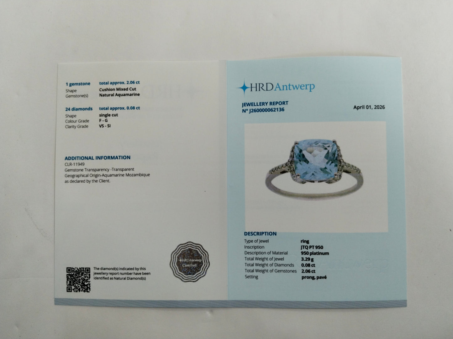 2.14 Ct Cushion Mixed Cut Natural Aquamarine 950 Platinum Ring