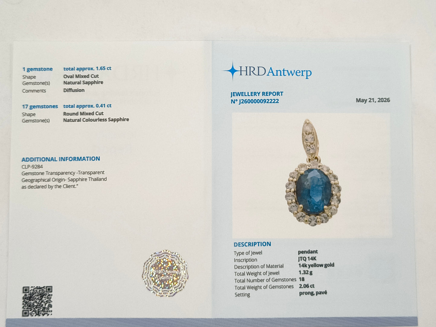 2.06 Ct Oval Blue Sapphire 14K Gold Pendant