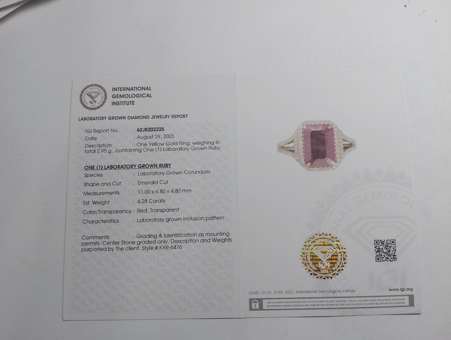 4.57 Ct Emerald Cut Lab Grown Ruby 14K Gold Ring