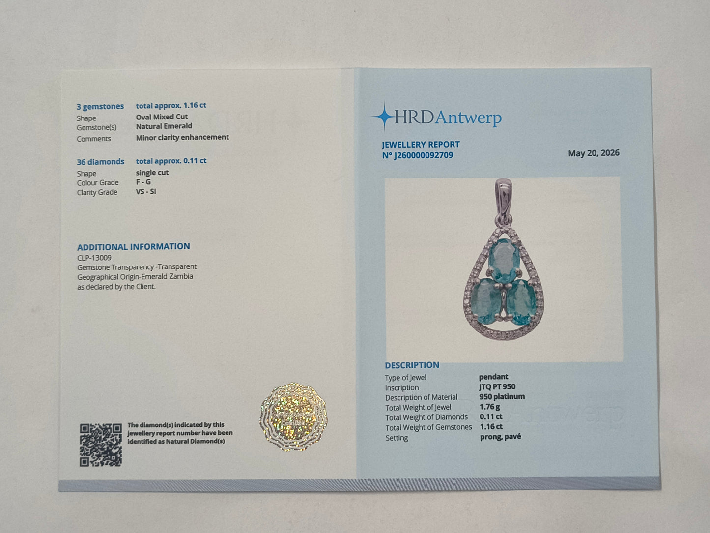 1.27 Ct Oval Emerald 950 Platinum Pendant