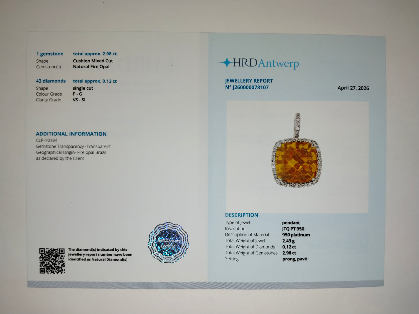 3.10 Ct Cushion Mixed Cut Natural Fire Opal 950 Platinum Pendant