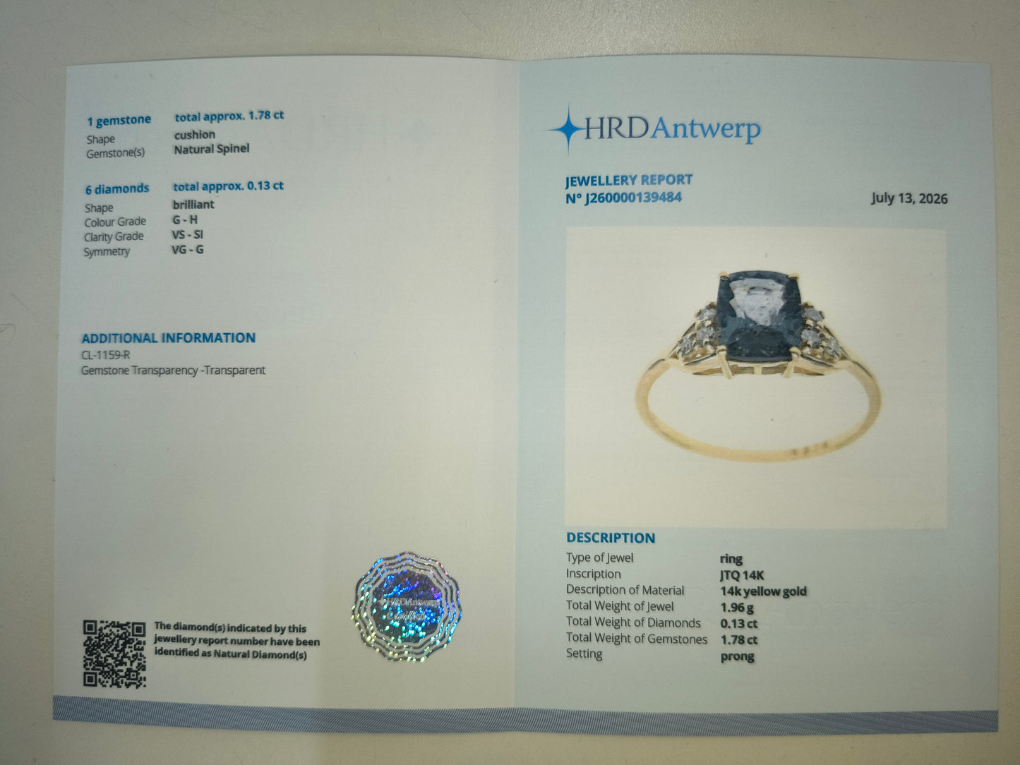 1.91 Ct Cushion Natural Spinel 14K Gold Ring