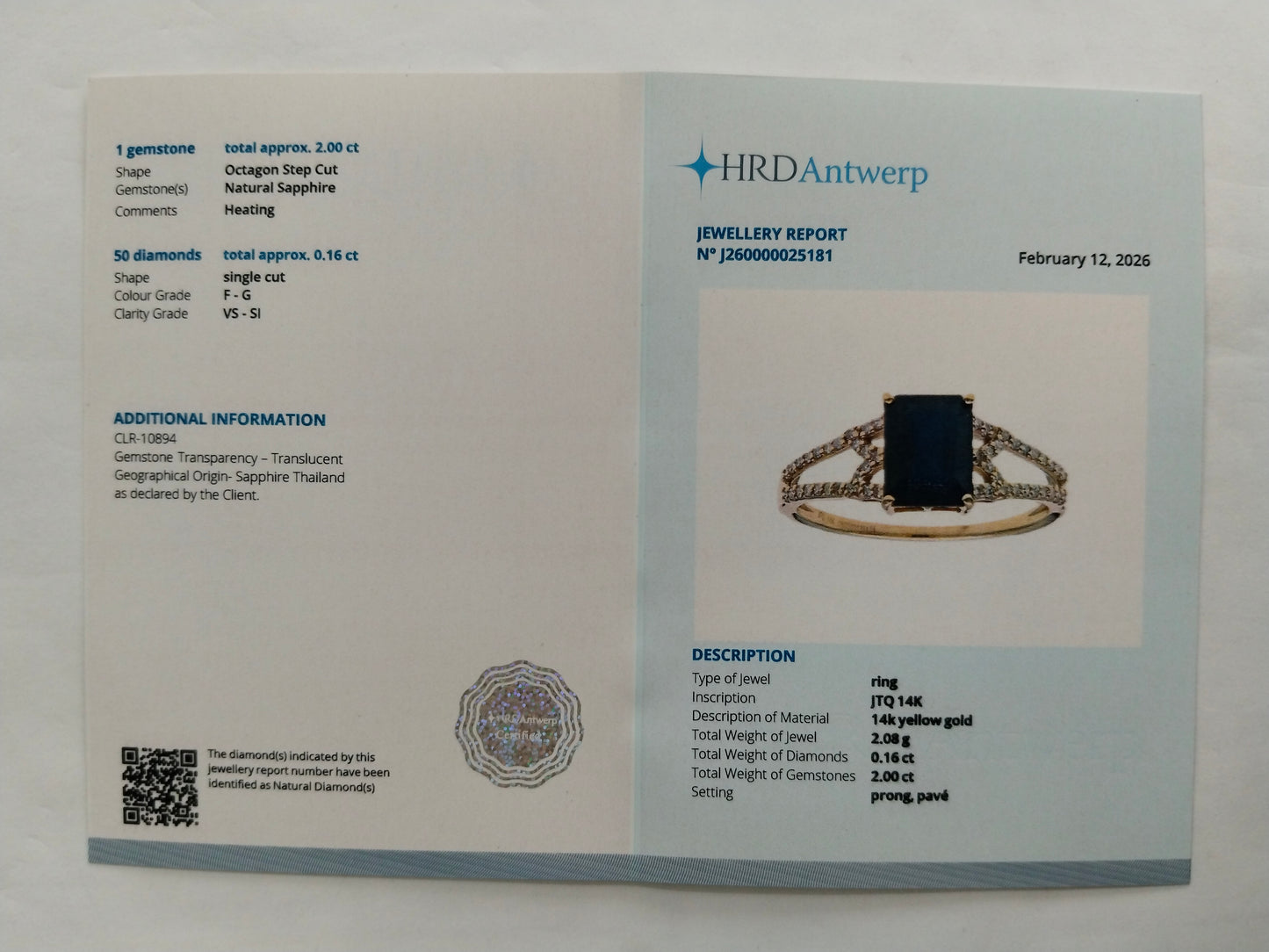 2.16 Ct Octagon Step Cut Natural Sapphire 14K Gold Ring