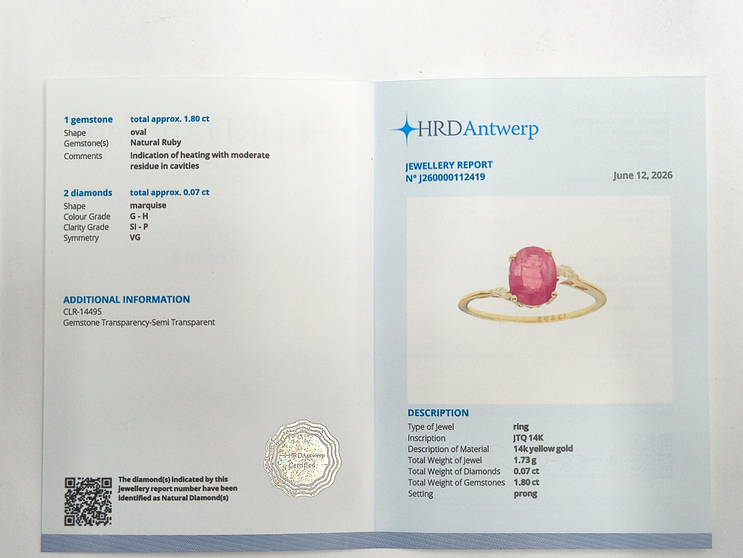 1.87 Ct Oval Natural Ruby 14K Gold Ring