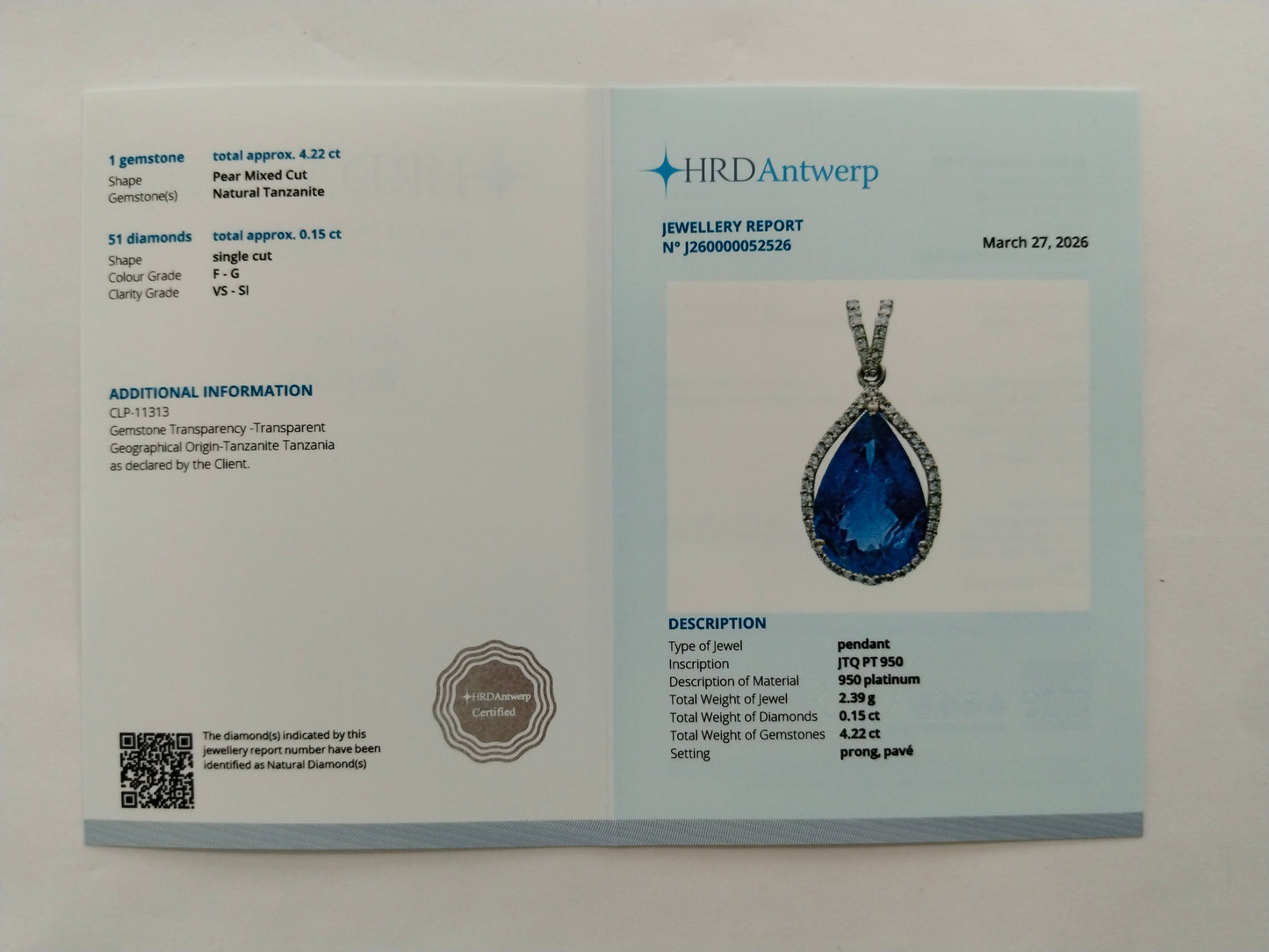 4.37 Ct Pear Mixed Cut Natural Tanzanite 950 Platinum Pendant