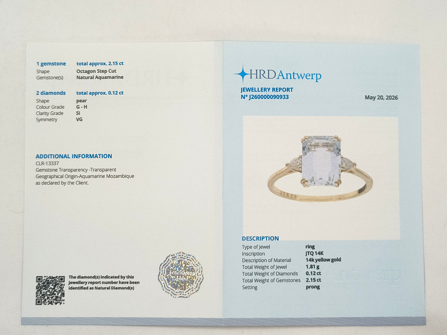 2.27 Ct Octagon Aquamarine 14K Gold Ring
