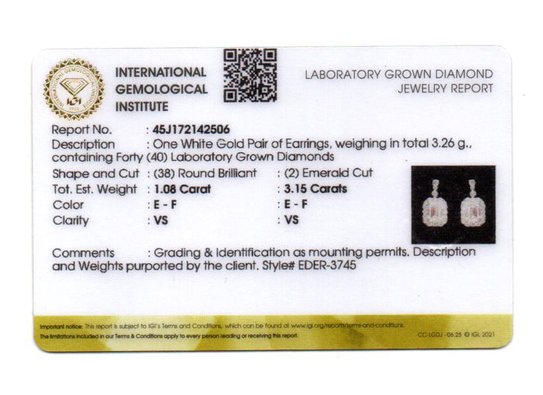 4.23 Carats Lab Grown Diamond 14K Gold Earrings