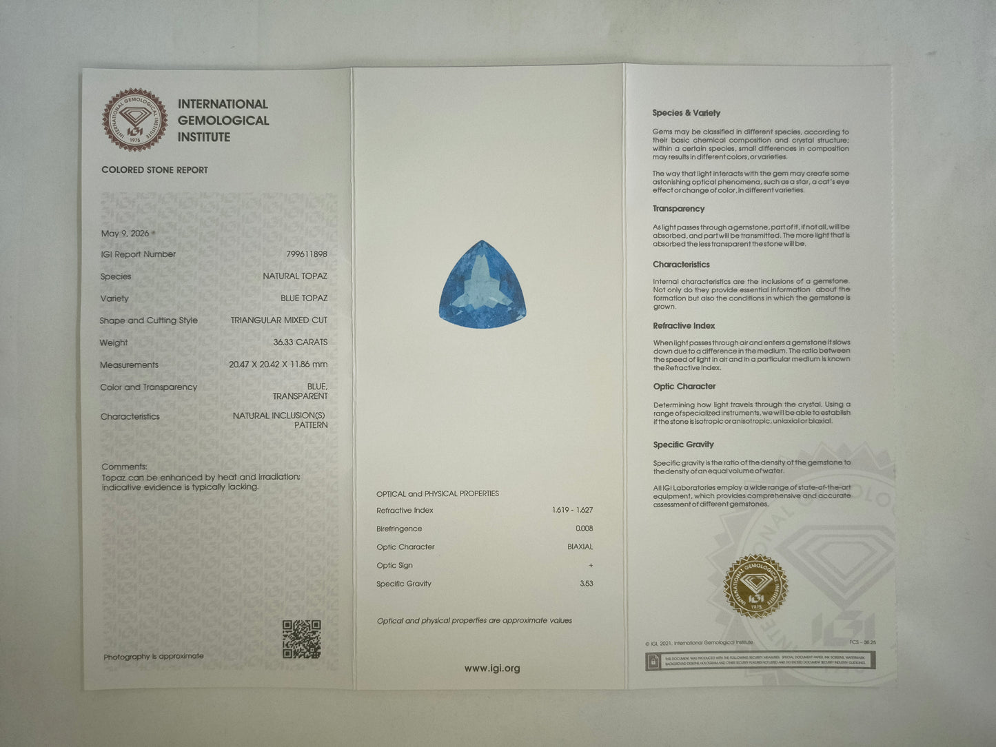 36.33 Natural Topaz Blue Topaz Triangular Mixed Cut Gemstone