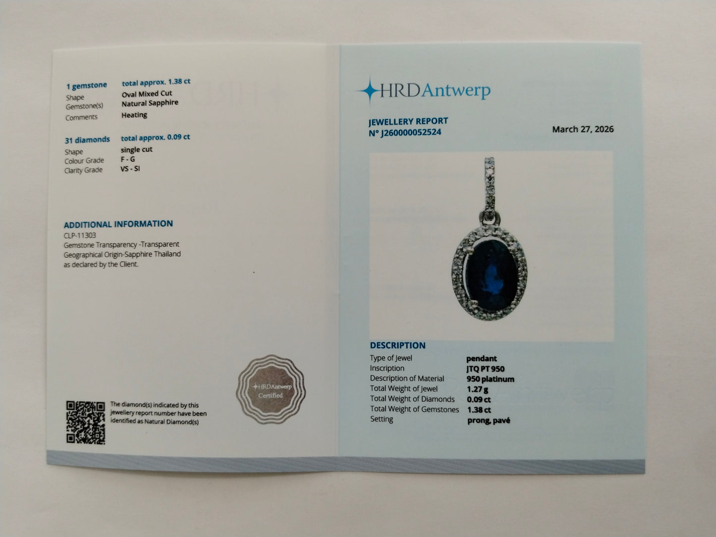 1.47 Ct Oval Mixed Cut Natural Sapphire 950 Platinum Pendant